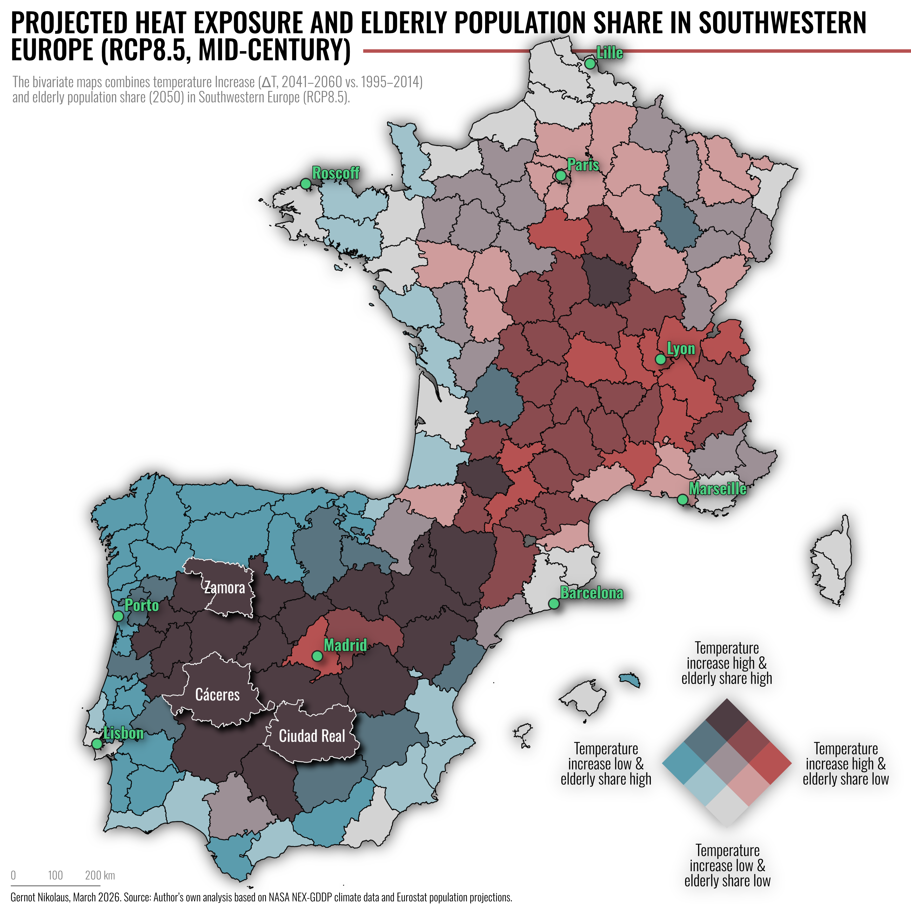 Temperature Increase and Elderly Population Share (2050, RCP8.5) (own figure)